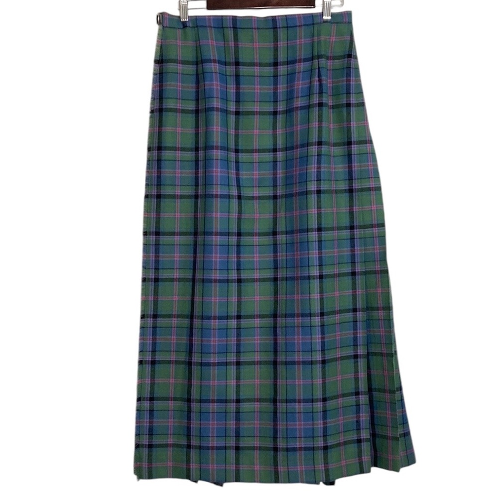 Vintage Womens Kilt Womens Medium Blue Green Tartan Plaid Wool Maxi Skirt